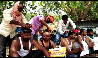 प्रयागराज में प्राथमिक शिक्षक भर्ती को लेकर सामूहिक मुंडन