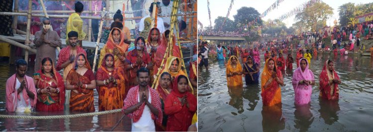 छठ: अस्ताचलगामी सूर्य को व्रती महिलाओं ने दिया पहला अर्घ्य, परिवार के लिए मंगलकामना