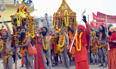 हाथी घोड़े पर सवार होकर तपोनिधि श्री आनन्द अखाड़ा के संतों ने छावनी में प्रवेश किया