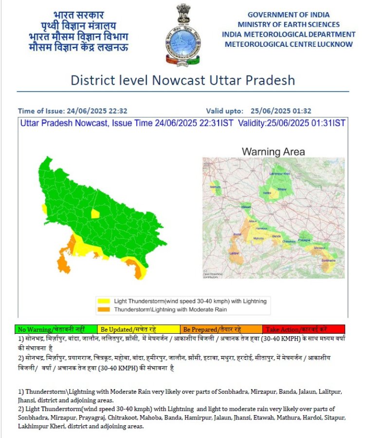 आनेवाले चौबीस घंटे के दौरान प्रयागराज समेत 14जनपदो में हल्की से मध्यम वर्षा की संभावना