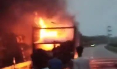 मवेशी लदे ट्रक में लगी आग, कई बकराें की माैत