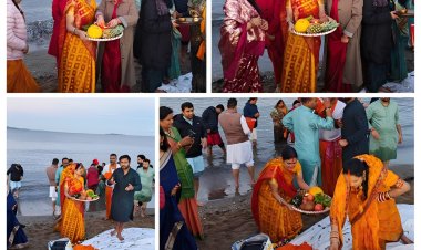 सात समंदर पार छठ महापर्व: एडिनबर्ग का Cramond Beach बना 'त्रिवेणी संगम' I प्रयागराज की बेटी ने स्कॉटलैंड में सूर्य देव को को अर्घ्य दिया