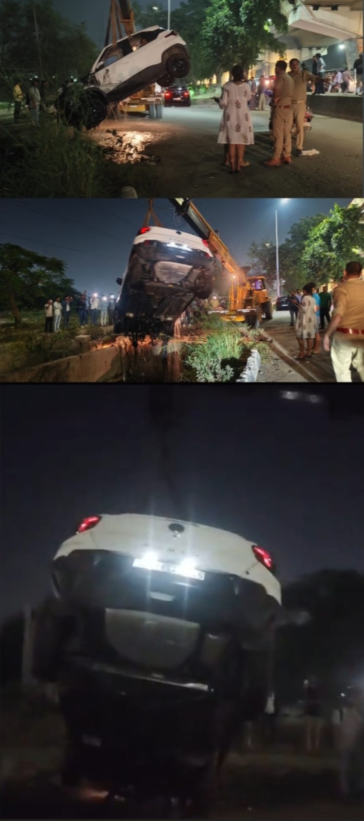 विपरीत दिशा से आ रही अनियंत्रित कार नाले में गिरी