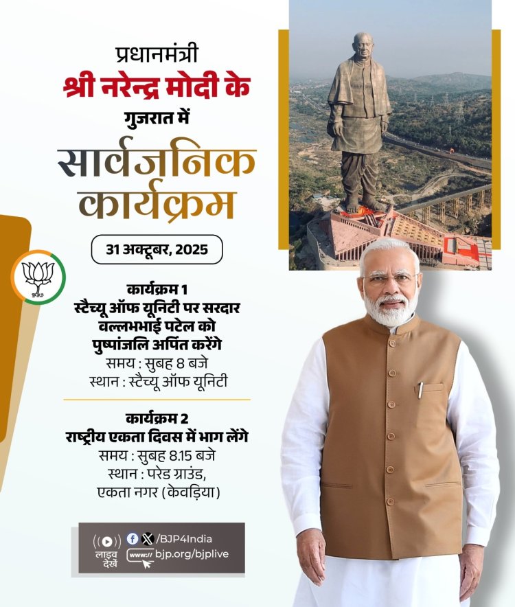 प्रधानमंत्री मोदी आज कुछ देरबाद गुजरात में सरदार वल्लभभाई पटेल की प्रतिमा पर पुष्पांजलि अर्पित करेंगे