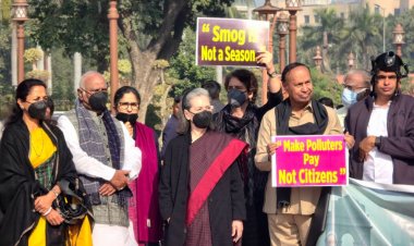 दिल्ली में खतरनाक प्रदूषण पर विपक्षी गठबंधन के सदस्यों का संसद परिसर में प्रदर्शन, सोनिया बोलीं- मुझे सांस लेने में दिक्कत