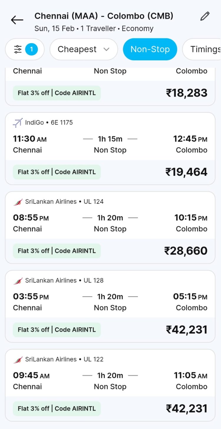 भारत–पाकिस्तान टी-20 मैच का असर, चेन्नई–श्रीलंका उड़ानों के किराए में भारी वृद्धि