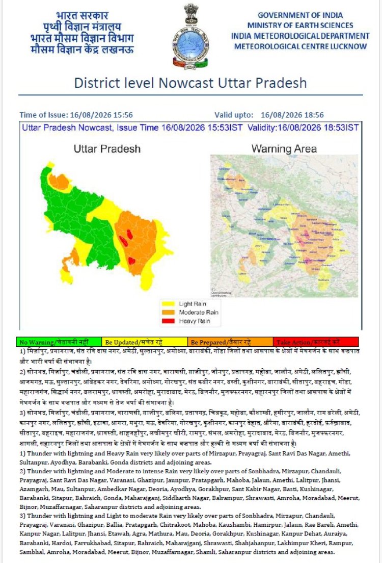 उत्तर प्रदेश के 38 जिलों में गरज-चमक के साथ बारिश की संभावना, आठ जिलों में भारी बारिश की चेतावनी